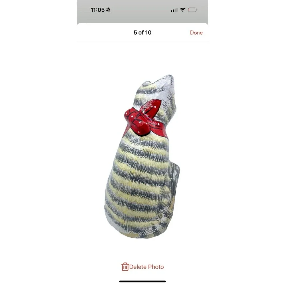 Vintage Large Paper Mache Striped Cat with red handkerchief Statue